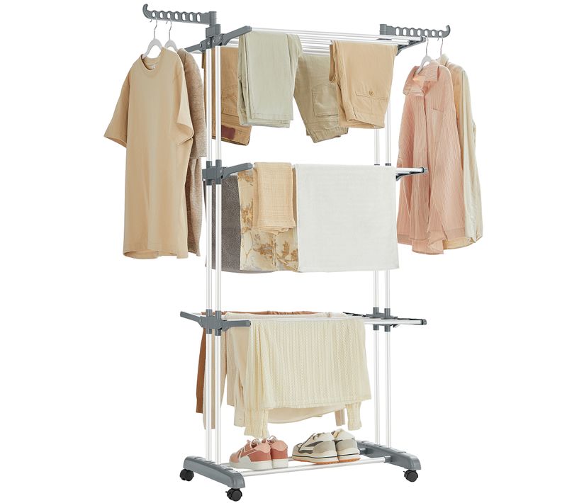 Étendoir à Linge Mobile à 4 Niveaux, Avec Roulettes, Pliable, 64 X 126 X 172 Cm, Blanc