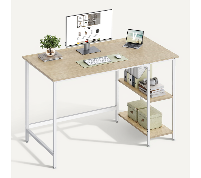 Bureau Avec Rangement, Avec 2 étagères Réversibles, Cadre En Acier, Beige Naturel Et Blanc Perle