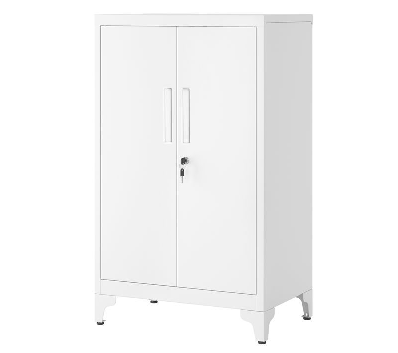 Armoire De Bureau à 2 Portes, Verrouillable, Meuble De Rangement En Acier, Blanc Mat
