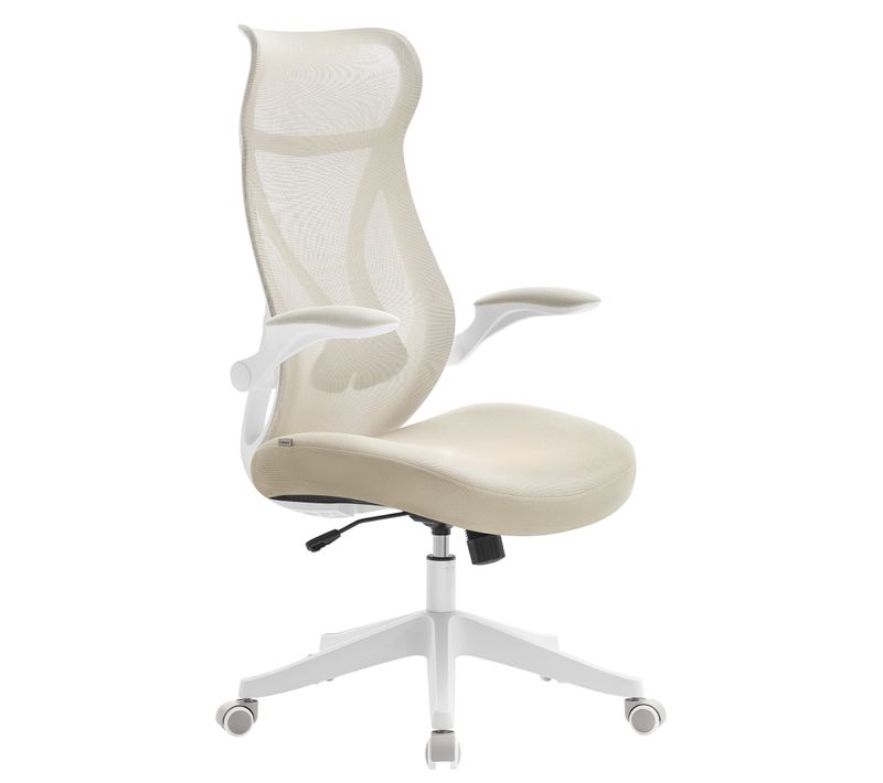 Chaise De Bureau, Réglable En Hauteur, Accoudoirs Rabattables, Pivotante Avec Appui-tête, Beige