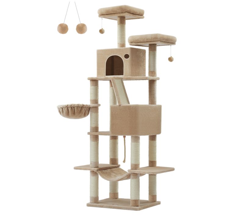 Arbre à Chat, Hauteur 206 Cm, Avec 13 Griffoirs, 2 Plate-forme, 2 Niches, Panier, Hamac, Marron