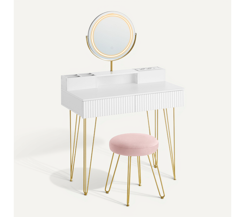 Coiffeuse Avec Miroir Pivotant Et Tabouret, Avec éclairage Et Multiprise, Blanc Et Doré
