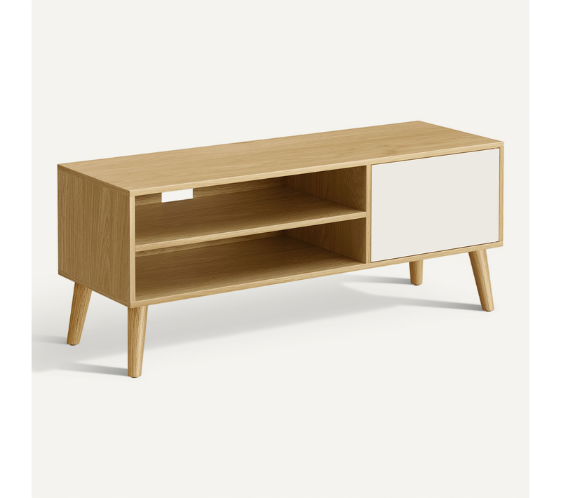 Meuble TV, Support Télé, Couleur Chêne Naturel Et Blanc Crème