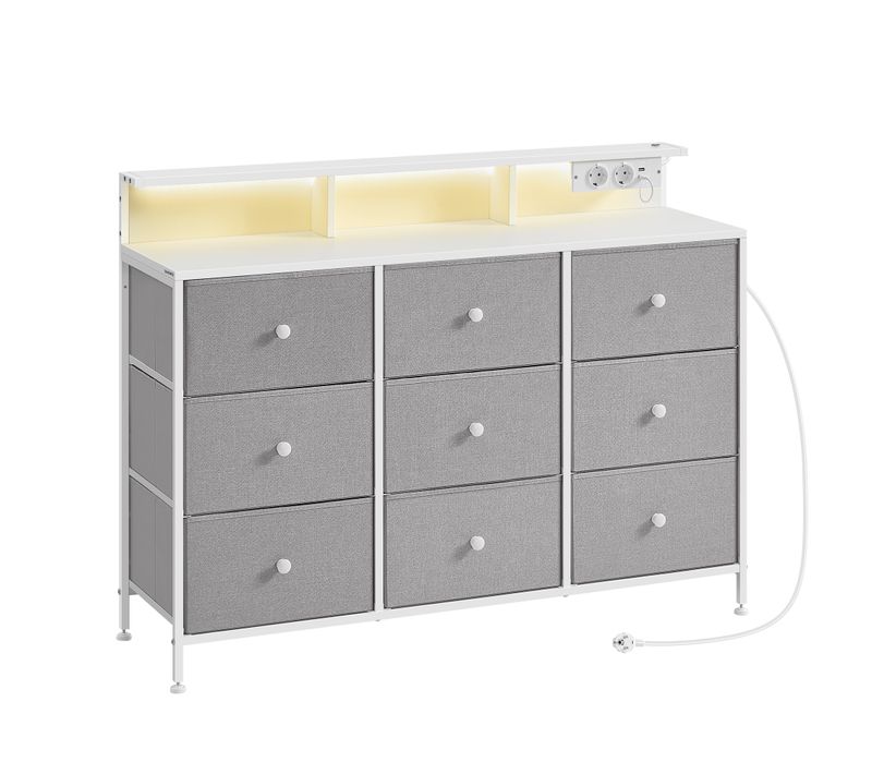 Commode, Meuble De Rangement Avec 9 Tiroirs Et Éclairage LED, Multiprise, 33,5 X 114 X 84 Cm, Gris