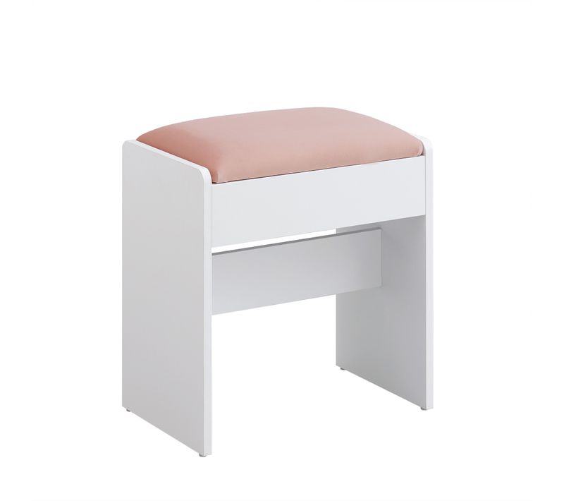 Tabouret De Coiffeuse, En Velours, Patins Antidérapants, Blanc Mat Et Rose Bonbon