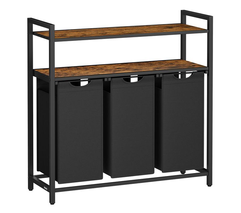 Panier à Linge 3 Compartiments Avec 2 Étagères, Marron Et Noir
