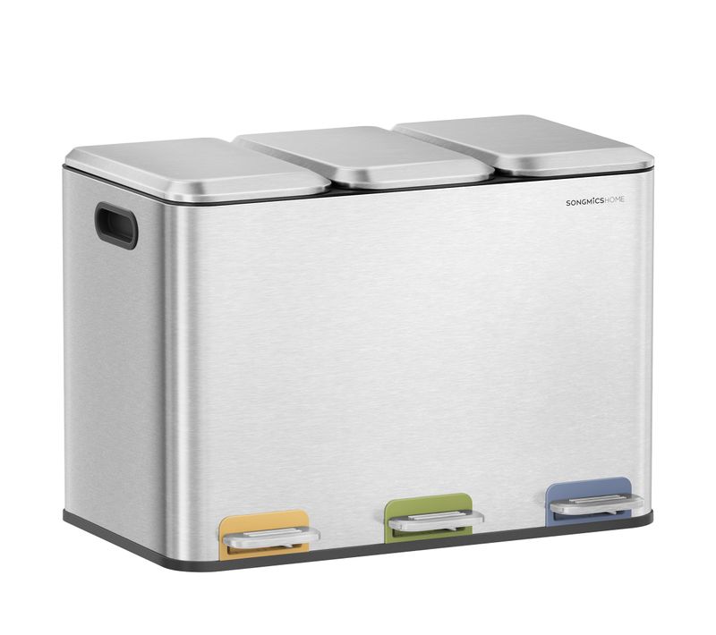 Poubelle Triple De Cuisine, Poubelle Recyclage 3 X 15 L Avec Couvercles Et Seaux Intérieurs, Argent
