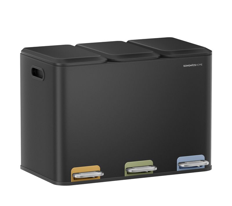 Poubelle Triple De Cuisine, Poubelle Recyclage 3 X 15 L Avec Couvercles Et Seaux Intérieurs, Noir