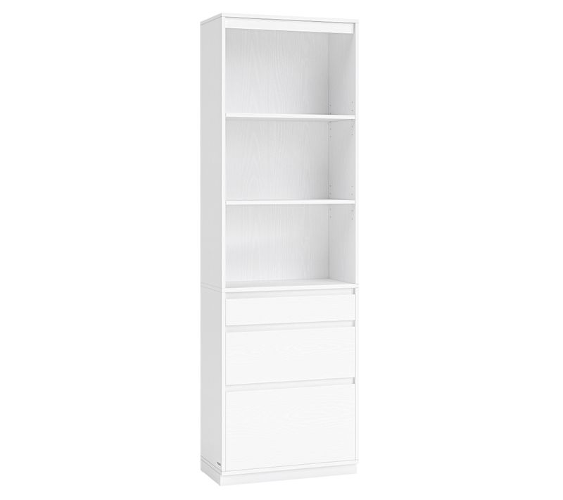 Bibliothèque, 3 Tiroirs De Tailles Différentes, Étagères Réglables, Hauteur 180 Cm, Blanc Neige