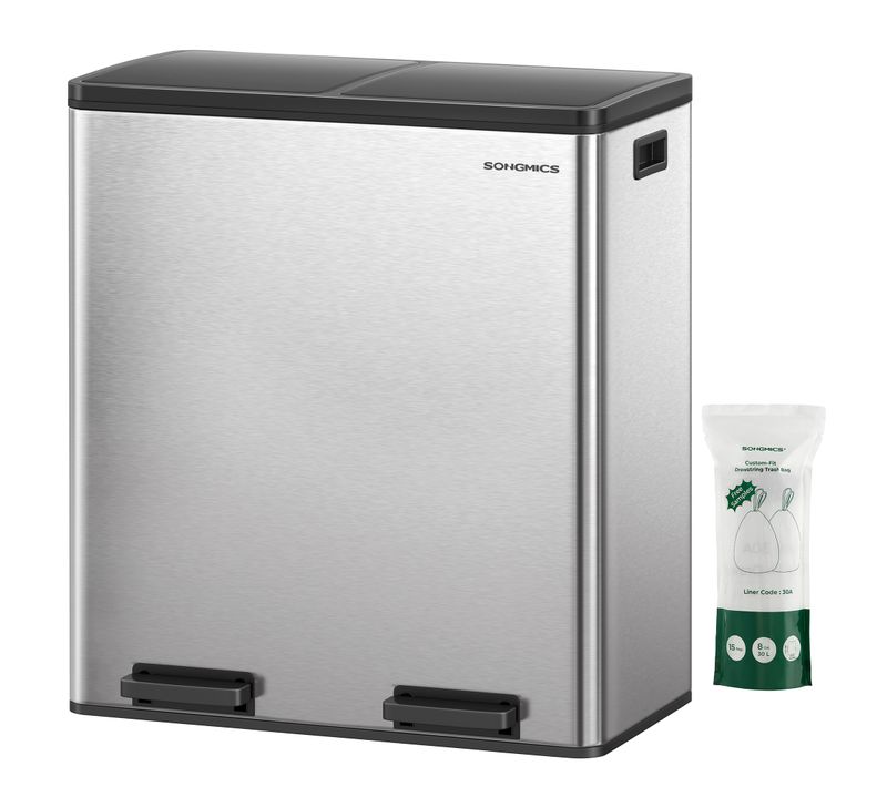 Poubelle à Double Compartiment 2 X 30 L, 2 Seaux, Argent Et Noir
