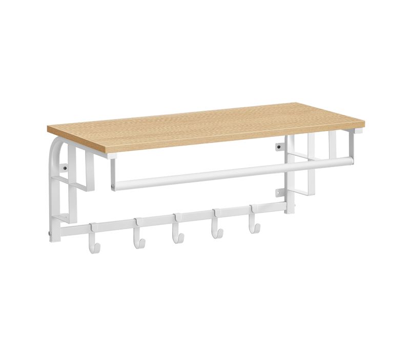 Porte-manteau Mural, Étagère Murale Avec 5 Crochets Amovibles, Avec Tringle, Doré Chêne Et Blanc