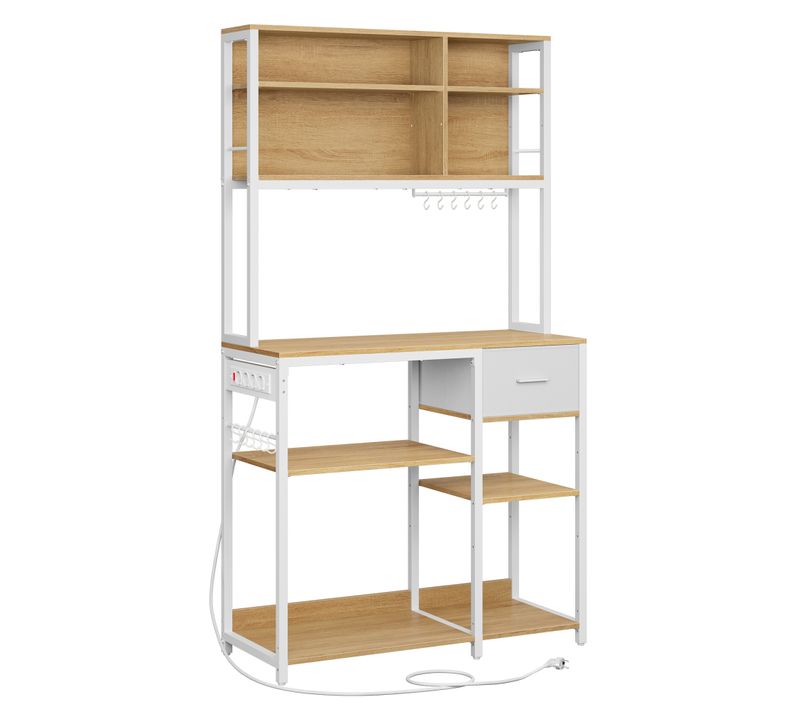 Étagère De Cuisine Avec Multiprise, Tiroir En Tissu, 40 X 100 X 180,4 Cm, Doré Chêne Et Blanc