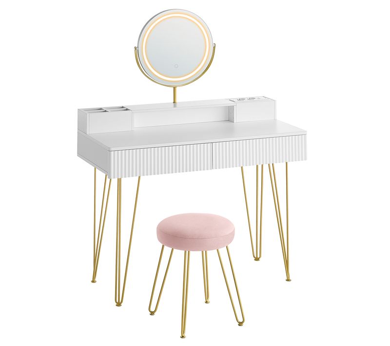 Coiffeuse Avec Taboutret Et Miroir Avec Éclairage Et Multiprise Blanc