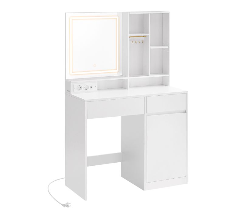 Coiffeuse Avec Miroir Et Lumière, Largeur De 90 Cm, Étagères Réglables, Prise De Courant, Blanc