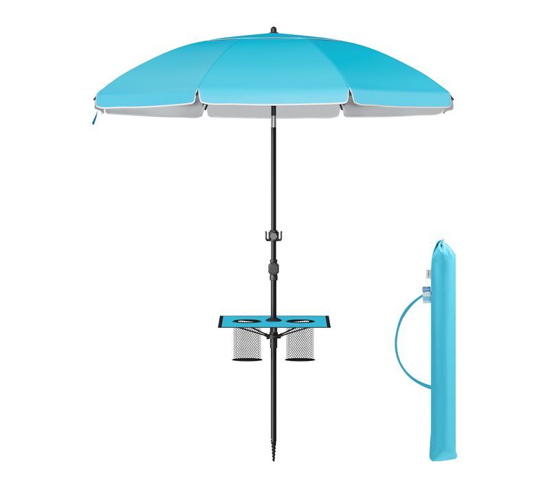 Parasol 160 Cm, Upf 50+, Inclinaison De 30° Des 2 Côtés, Hauteur Réglable, Petite Tablette, Bleu