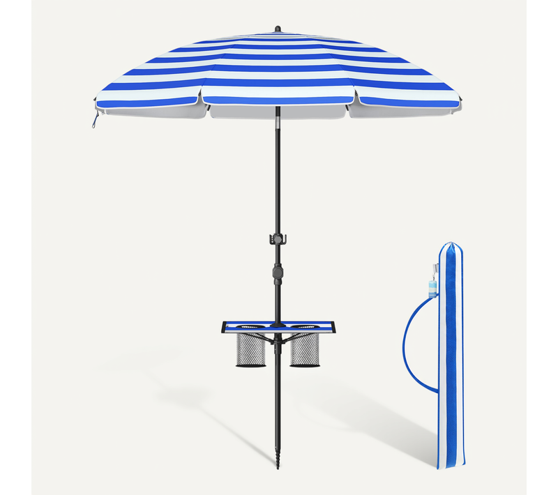 Parasol 160 Cm, Upf 50+, Inclinaison De 30° Des 2 Côtés, Hauteur Réglable, Crochets, Bleu Et Blanc