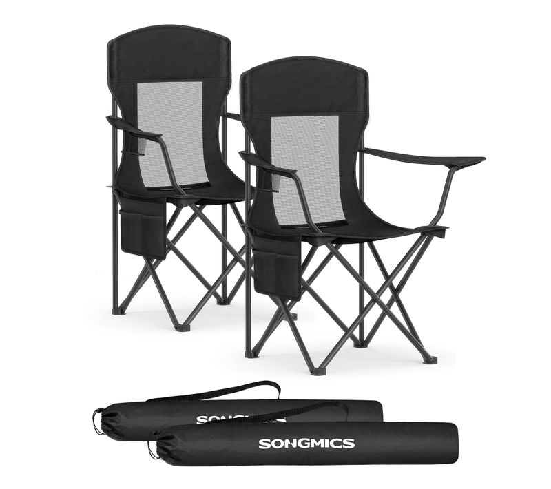 Lot De 2 Chaises De Camping, Accoudoirs Réglables, Porte-gobelet, Supporter Jusqu’à 150 Kg, Noir