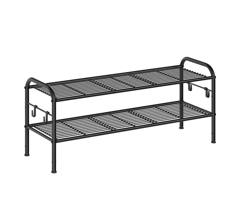 Étagère à Chaussures à 2 Niveaux, Avec 4 Crochets, Pour 10 Paires, Réglable En Hauteur, Noir