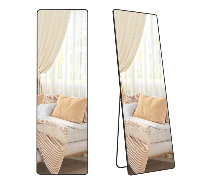 Miroir Intégral, 165 X 50 Cm, Miroir Rectangulaire Sur Pied, Cadre En Alliage D’aluminium, Noir