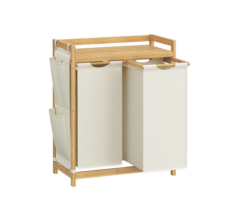 Panier à Linge, Avec 2 Compartiments, En Bambou, Poches Latérales, 2 X 50 L, 63 X 33 X 78 Cm, Blanc