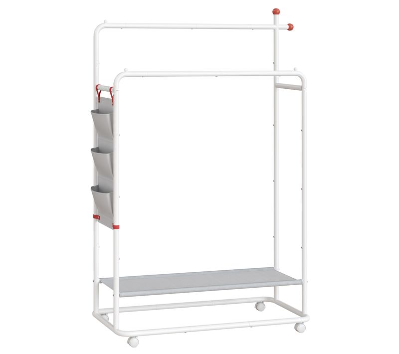 Portant à Vêtement En Métal, Avec Roulettes, 2 Barres De Suspension, Sac Latéral, Blanc