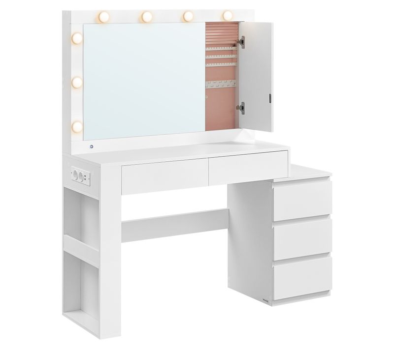 Coiffeuse, Avec Tiroir, Avec Éclairage LED Et Miroir, Multiprise, 40 X 125 X 140 Cm, Blanc Nuage