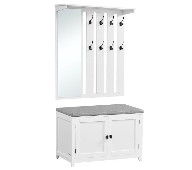 Ensemble Porte-manteau Avec Banc à Chaussures, Miroir, 8 Crochets Doubles, Largeur De 82 Cm, Blanc
