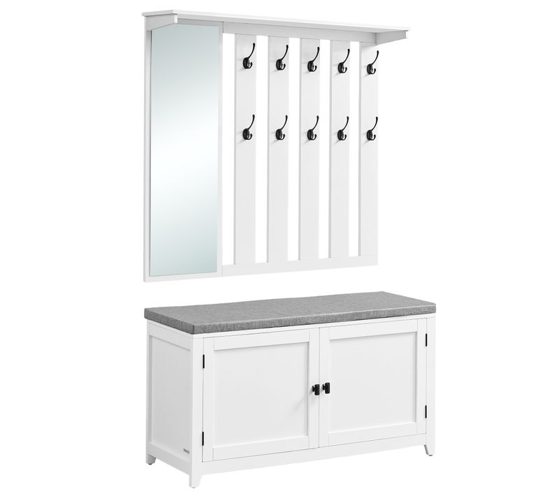 Ensemble Porte-manteau Avec Banc à Chaussures, Miroir, 10 Crochets Doubles, Largeur De 102 Cm, Blanc