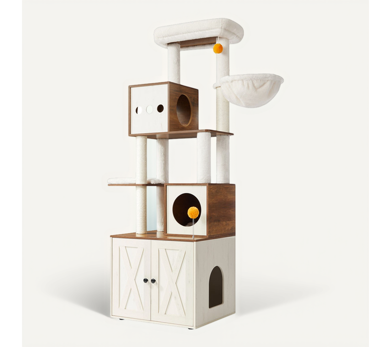 Arbre à Chat Moderne Avec Cache-litière, Tour De Jeu, Marron Miel Et Blanc Rustique