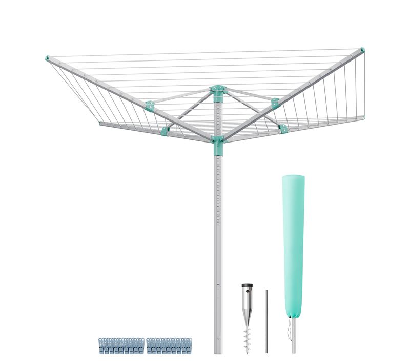 Étendoir à Linge, Réglable En Hauteur, Corde De 50 M, Avec Piquet De Sol, Pinces, Argent Et Vert