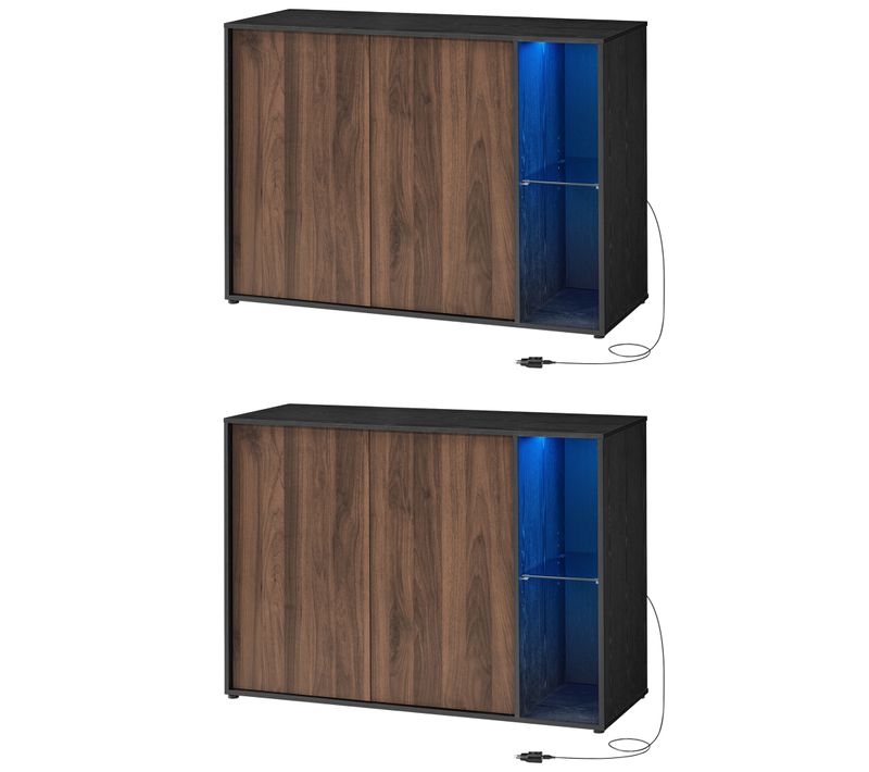 Buffet, Lot De 2, Assemblage Sans Outil, Avec Éclairage Et Étagère En Verre, Noyer Naturel Et Noir