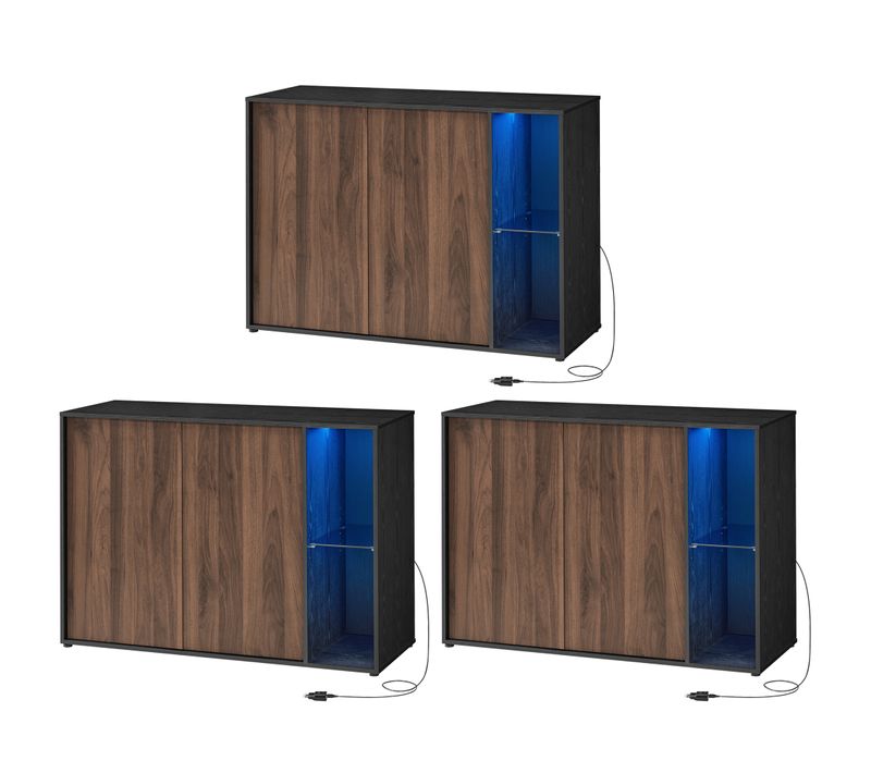 Buffet, Lot De 3, Assemblage Sans Outil, Avec Éclairage Et Étagère En Verre, Noyer Naturel Et Noir