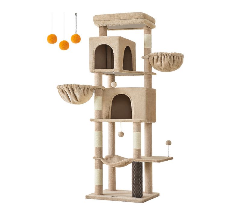 Grand Arbre à Chat, Avec 2 Niches, 2 Paniers, 5 Griffoirs, Toilettage Autonome, Hamac, Marron Camel