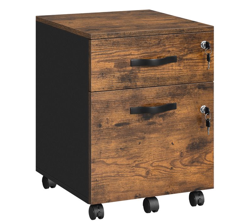 Caisson De Bureau à Roulettes, Verrouillable, Avec 2 Tiroirs, 5 Roulettes, Marron Rustique Et Noir