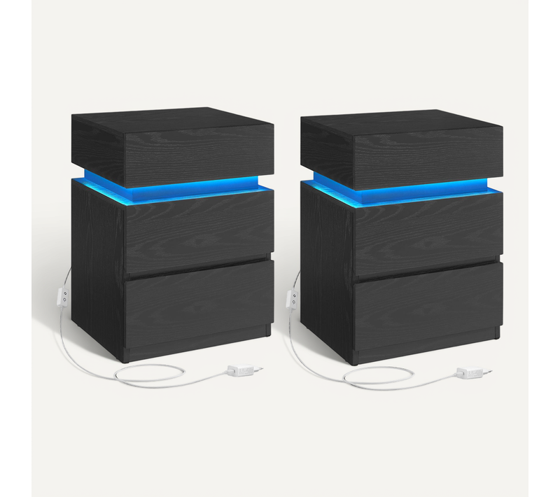 Table De Chevet, Lot De 2, Avec Bande LED Multicolore Réglable, 35 X 40 X 55 Cm, Noir Boisé