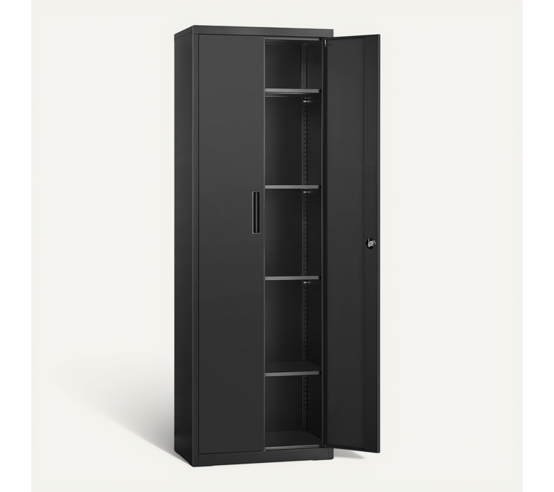 Meuble De Rangement Bureau, 5 Niveaux, Doubles Portes, Serrure, étagères Réglables, Noir Mat
