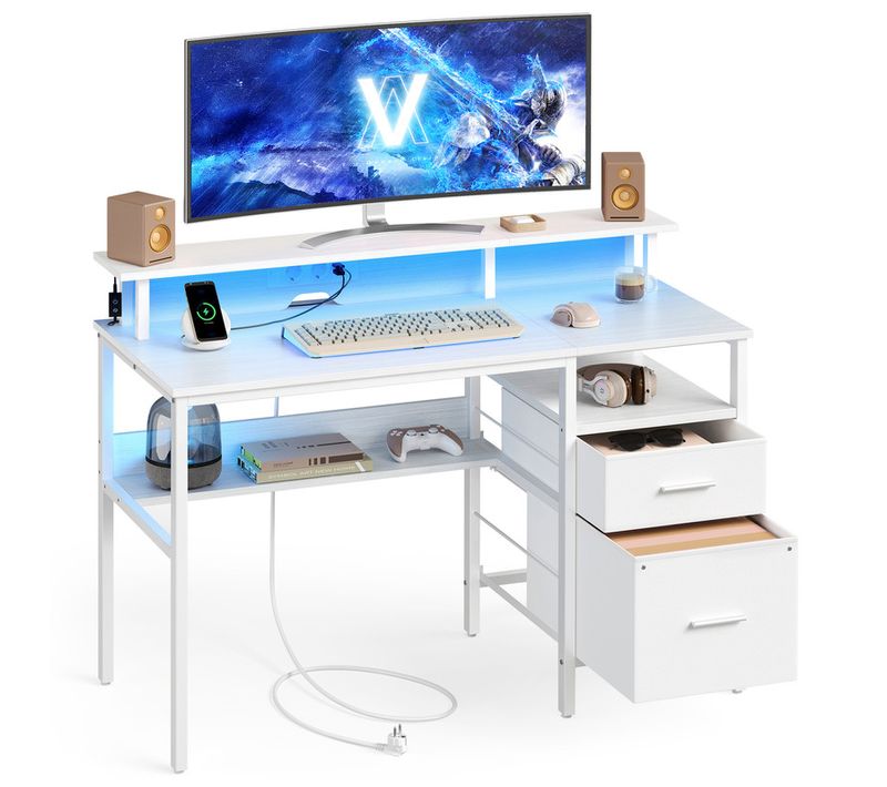 Bureau Gaming, Avec Tiroirs En Tissu, Avec Support D'écran, Lumières LED, Multiprise, 2 Ports USB