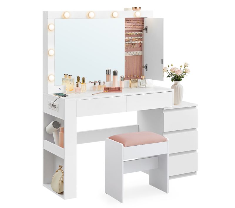 Coiffeuse, Avec Tabouret, Avec Éclairage LED Et Miroir, Multiprise, 40 X 125 X 140 Cm, Blanc Et Rose