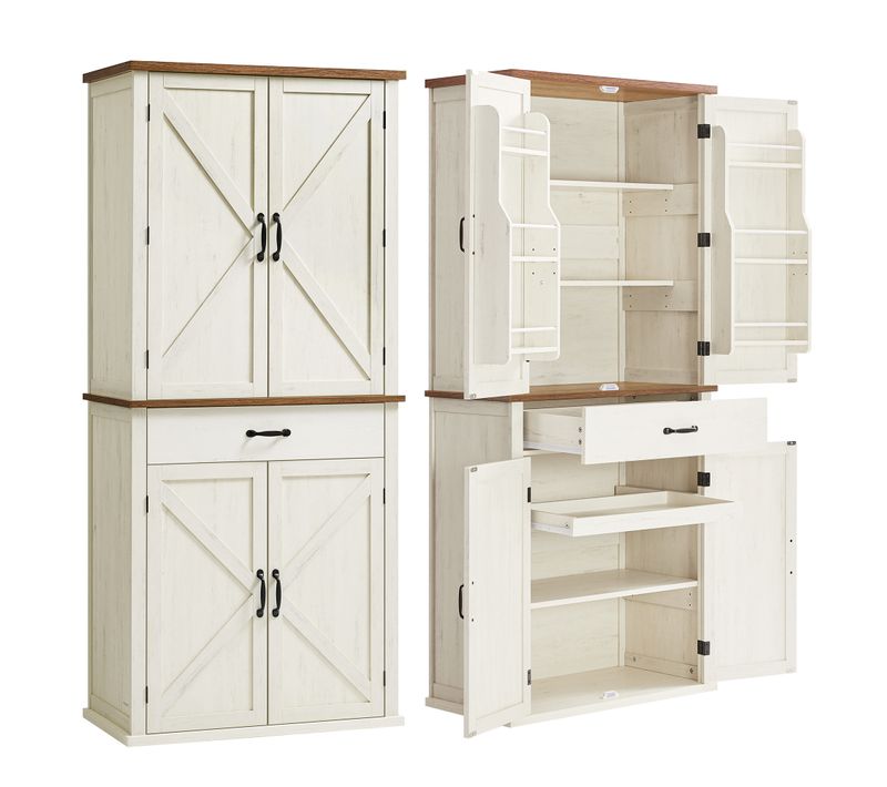 Buffet Haut Cuisine, Style Ferme, Hauteur 178,6 Cm, Avec Portes, Tiroir, Étagères Réglables, Blanc