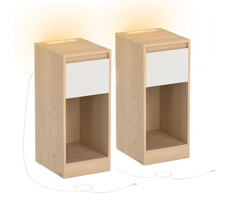 Lot De 2, Table De Chevet Étroite, Avec Éclairage LED, 1 Port USB-a, 1 Port USB-c, Jaune Et Blanc