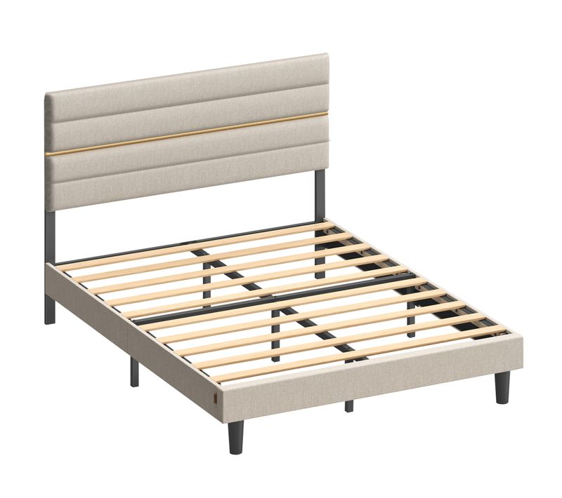 Lit Double, Convient Pour Un Matelas De 140 X 190 Cm, Tête De Lit Rembourrée Ajustable, Beige