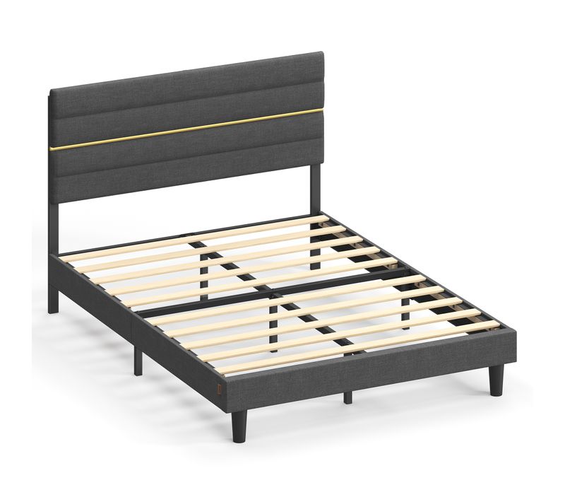 Lit Double, Convient Pour Un Matelas De 140 X 190 Cm, Tête De Lit Rembourrée Ajustable, Gris