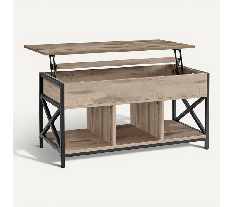 Table Basse, Relevable, Avec Rangement Caché Et Compartiments Ouverts, Marron Camel Et Noir
