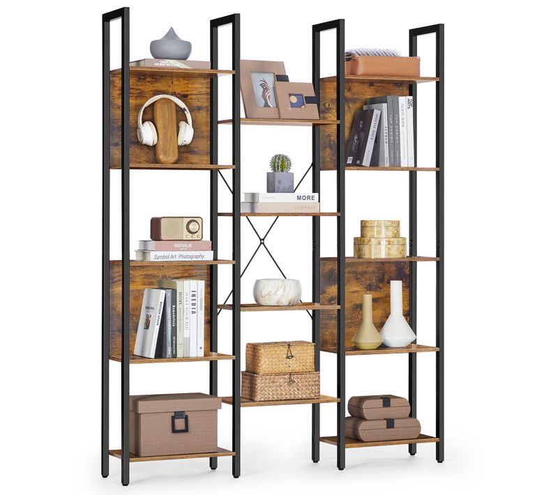 Bibliothèque,  Avec 14 Étagères, Cadre En Métal, 24 X 128 X 166 Cm, Marron Rustique Et Noir D'encre