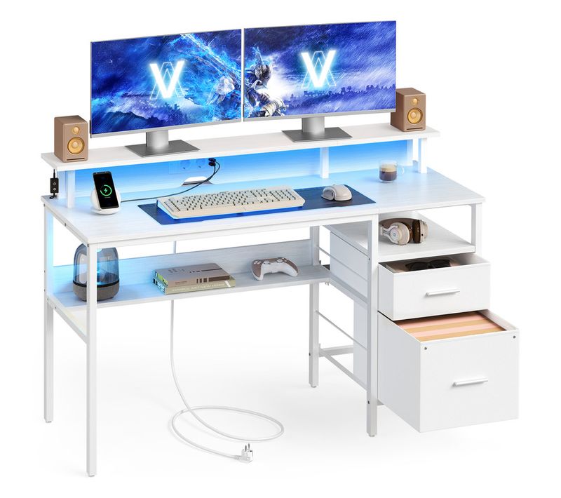 Bureau Gaming, Avec Tiroirs En Tissu, Avec Support D'écran, Lumières LED, Multiprise, 2 Ports USB