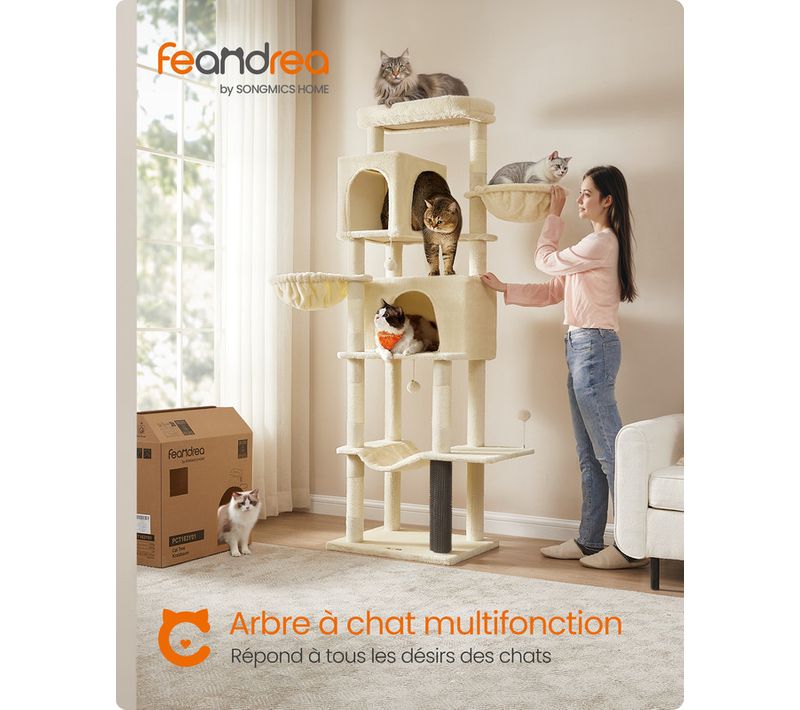 Grand Arbre à Chat De 190,7 Cm De Haut, Multi-niveaux, Avec 2 Niches, 2 Paniers, 5 Griffoirs