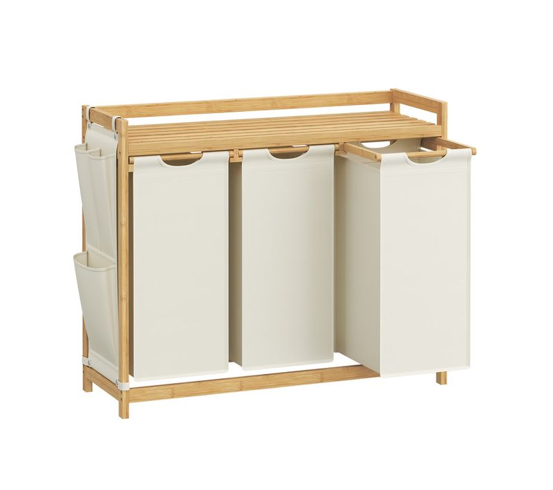 Panier à Linge, Avec 3 Compartiments, Capacité De 150 Litres, 94 X 33 X 78 Cm, Blanc Crème