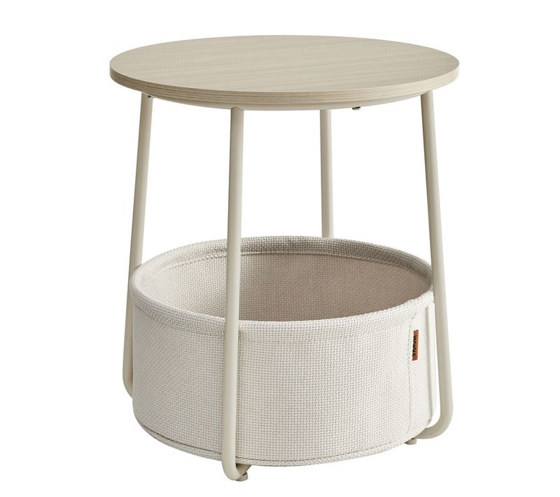 Petite Table Basse Ronde, Avec Panier En Tissu, Rangement, Beige Naturel Et Blanc Crème