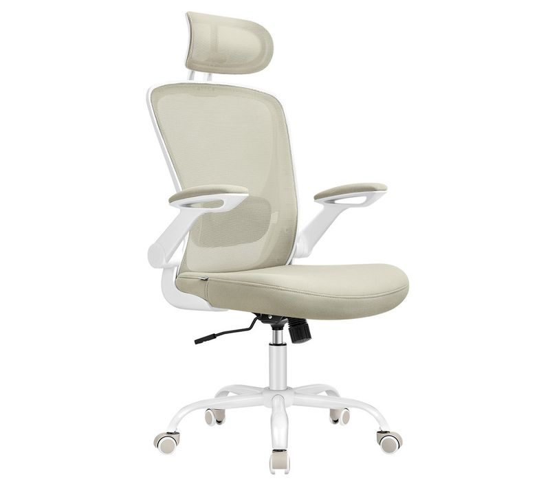 Chaise Bureau Ergonomique, Tissu En Maille, Support Lombaire, Appui-tête, Beige Cappuccino