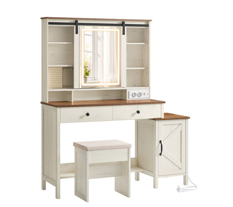 Coiffeuse Avec Miroir Et Éclairage, Avec Tabouret, Multiprise, 2 Tiroirs, Blanc Et Marron